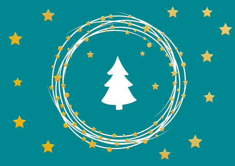 Weihnachtskarte: Sternwirbel um den Baum