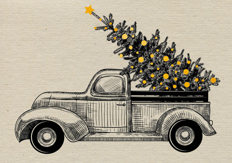Weihnachtskarte: Weihnachtsbaum auf Truck