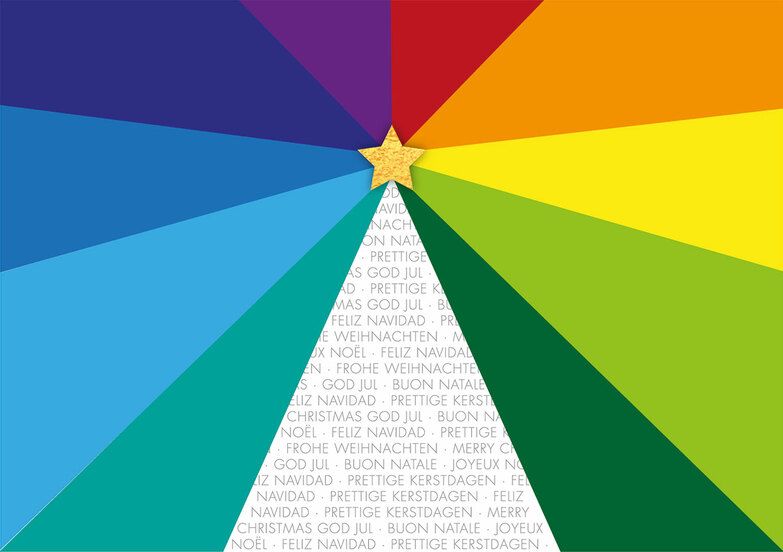 Weihnachtskarte: Dreiecksbaum im Regenbogen