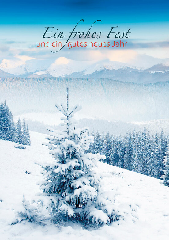Weihnachtskarte: Verschneiter Tannenbaum